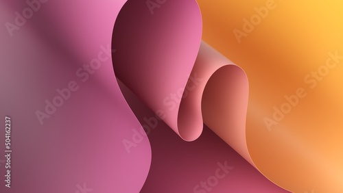 3d render. Abstract modern minimal pastel peachy pink background with paper scroll, curvy ribbon edge, folded wallpaper photo