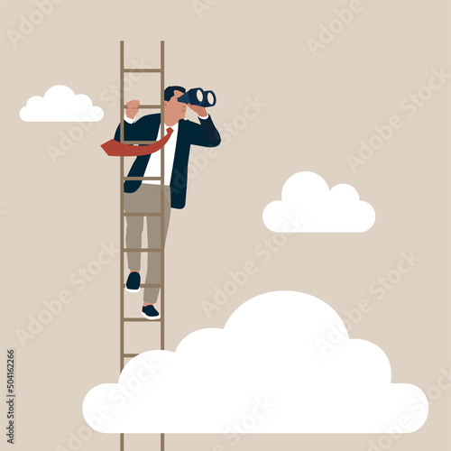 Smart businessman climb up ladder look through binocular visionary. Success ladder for business opportunity, looking for new job or career path, leadership discovery or searching for success concept