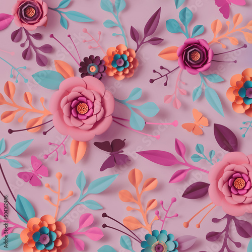 Obraz na plátně 3d render, pink blue floral pattern