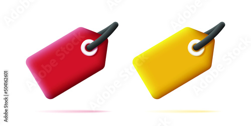 3d price tag icon, rounded yellow and red name labels. Vector illustration