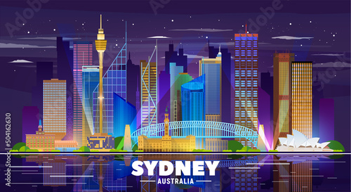 Sydney Australia skyline with panorama in night background. Vector Illustration. Business travel and tourism concept with modern buildings. Image for presentation, banner, web site.