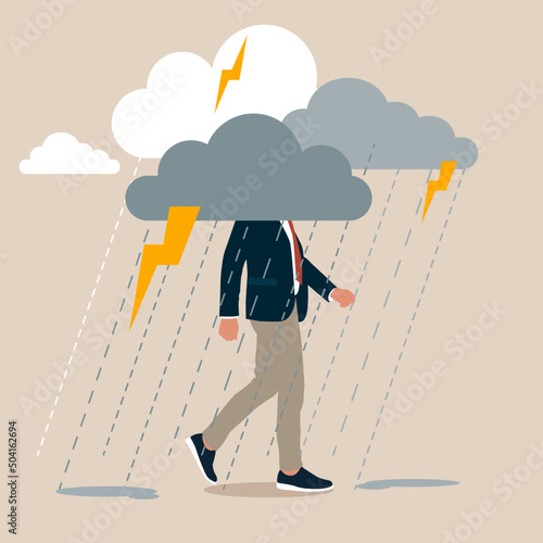 Depressed businessman walking with cloudy thunderstorm and rainy around his face. Business problem, obstacle or risk to overcome and succeed, insurance or catastrophe and disaster business day concept