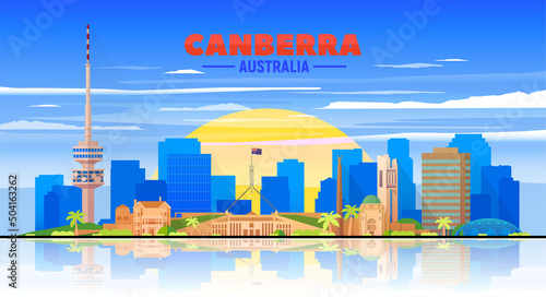 Canberra Australia skyline with panorama in white background. Vector Illustration. Business travel and tourism concept with modern buildings. Image for presentation, banner, web site.