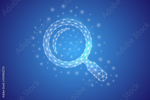 Magnifying glass low poly symbol with white connected dots. 3d geometric polygonal Loupe. Analysis, search tool design vector illustration.