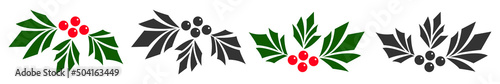 Set of Christmas holly berry icons, holly berry with leaves. Holly berries in colorful and dark styles. Vector.