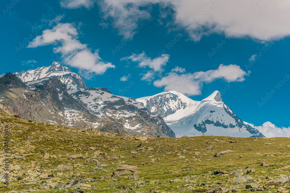 Rimpfischhorn (4.199 m) and Adlerhorn (3.988 m) in the Valaisian Alps in Zermatt, Switzerland in summertime