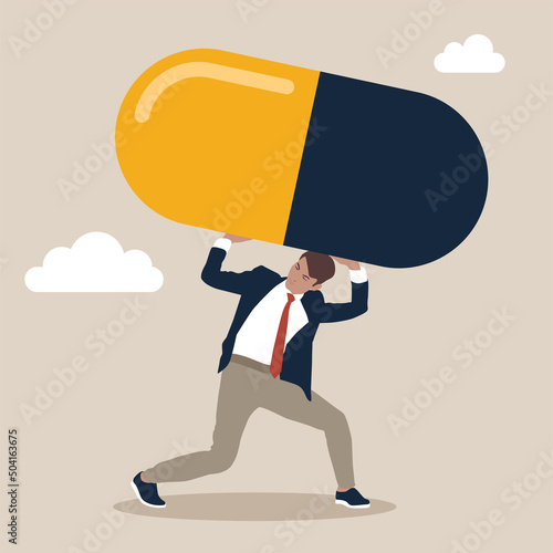 Medical debt, health care and treatment cost from disease, hospital expense or medicine bills concept, broke bankrupt man carrying giant medicine debt burden after cure