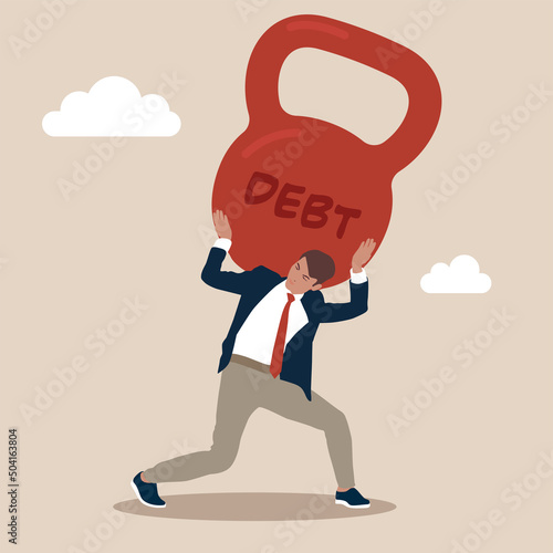 Debt. Young stressful sad businessman clerk manager carrying carry debt on his back. Financial crisis and credit payment. Business, mental stress, bankruptcy, debt concept.