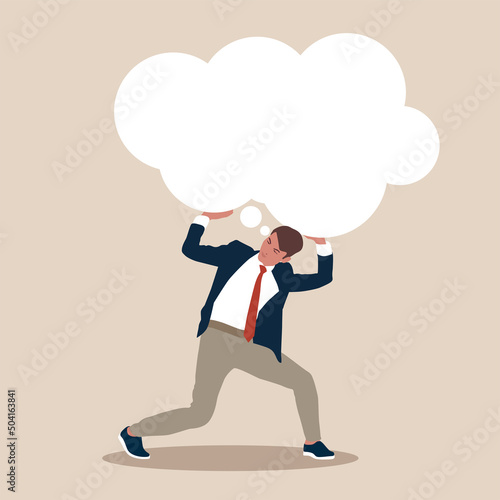 Over obsessive in work or too many problems that cannot make decision concept, tried depressed businessman carry heavy thinking bubble burden.