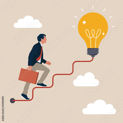 Creativity for business idea, career path or goal achievement, businessman start walking on electricity line as stairway to big idea lightbulb.