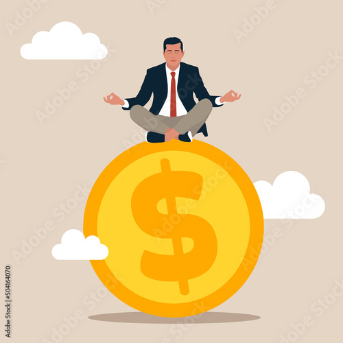 Financial guru or expert, behavioral finance mindfulness for wealth management, money and investment advisor concept, businessman meditate on big golden money dollar coin.