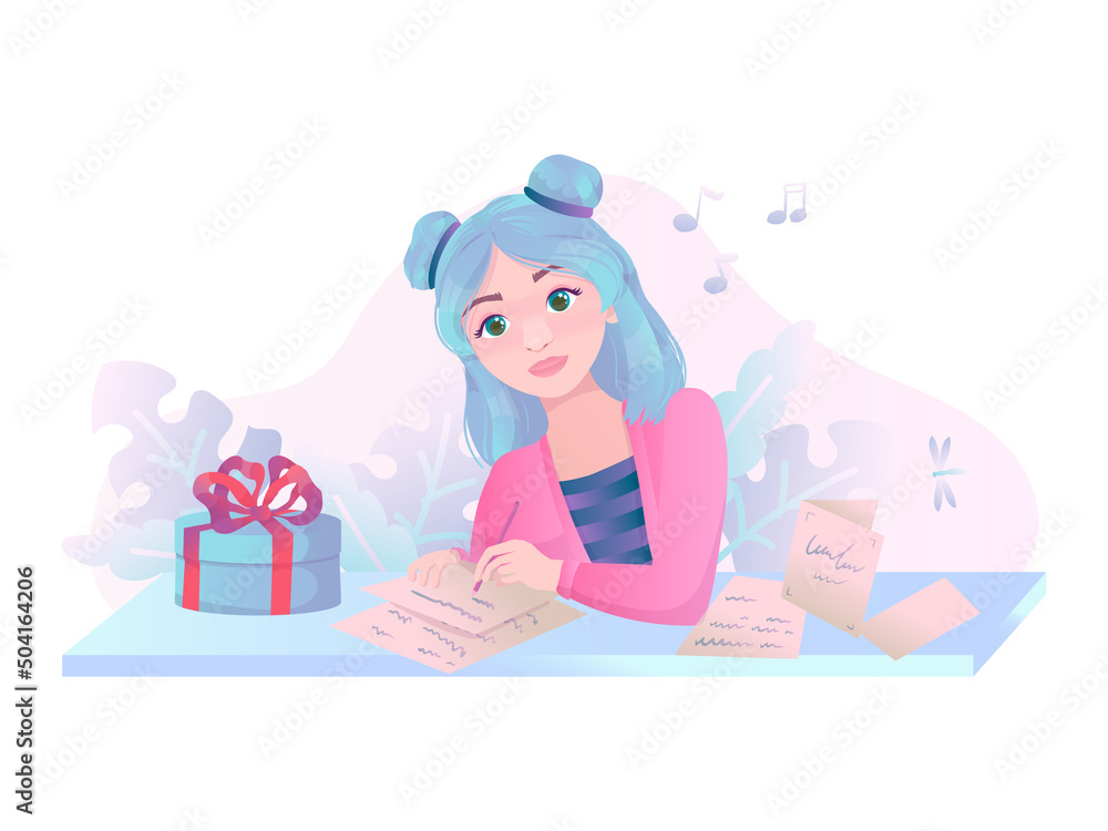 The girl signs postcards or invitations. People are preparing for a birthday party and celebrating the holiday. Preparation for the holiday. Vector illustration isolated on white background. The girl signs postcards or invitations. People are preparing for a birthday party and celebrating the holiday. Preparation for the holiday. Vector illustration isolated on white background.
