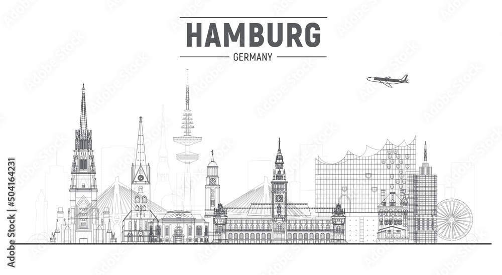 Hamburg Germany line skyline vector illustration on white background. Business travel and tourism concept with modern buildings. Image for presentation, banner, web site.