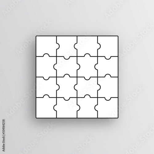 Square puzzle pieces grid. Jigsaw outline grid. Mosaic silhouette with 16 details. Scheme of thinking game. Modern background with separate shapes. Cutting template. Simple frame tiles. Vector