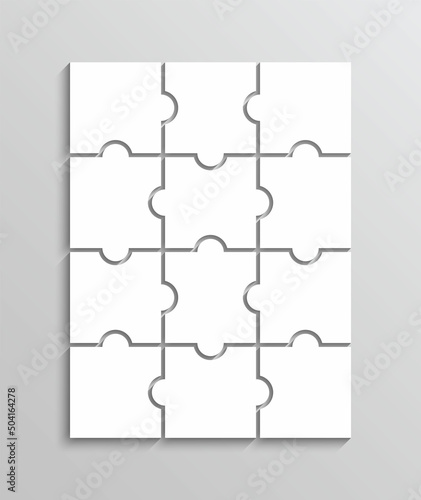 Puzzle pieces. Jigsaw grid template. Thinking mosaic game with 3x4 shapes. Simple textured background. Laser cut frame with 12 separate details. Vector illustration. Success concept.