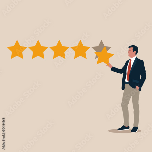 Customer feedback 5 stars rating, best quality, excellence high performance evaluation, positive ranking or business reputation, confidence businessman giving 5 stars rating.