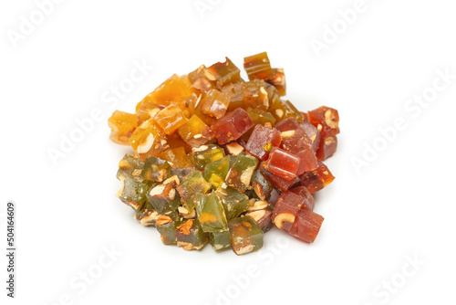 Turkish traditional delight with nuts isolated on white background.