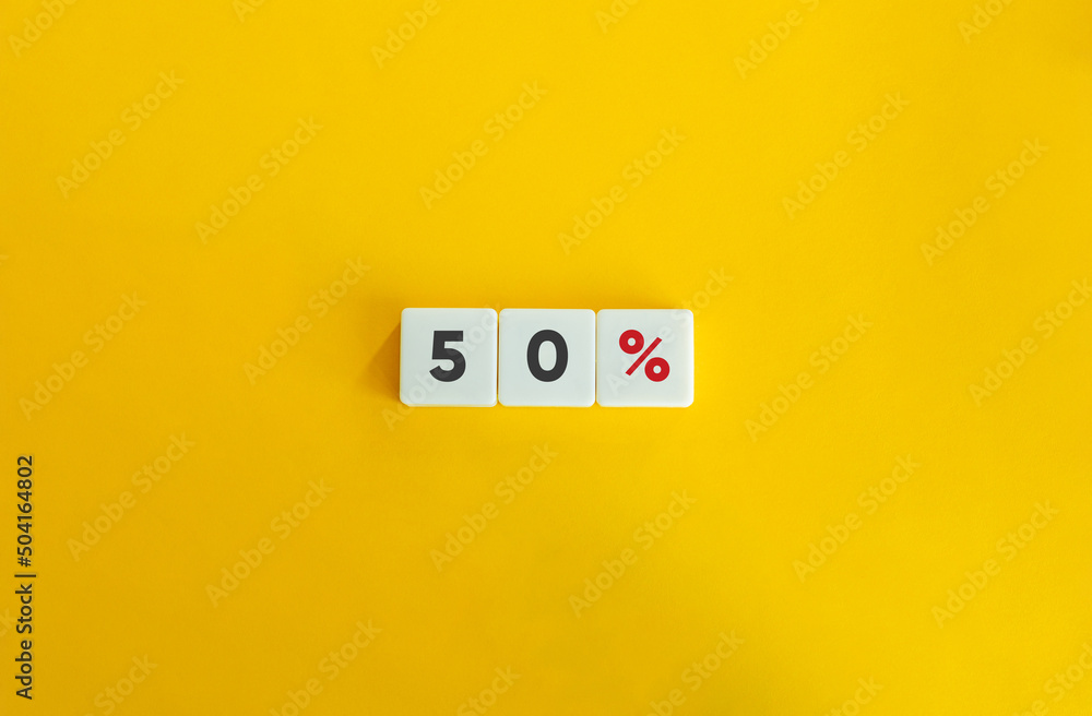50% Banner. Letter Tiles on Yellow Background. Minimal Aesthetics.