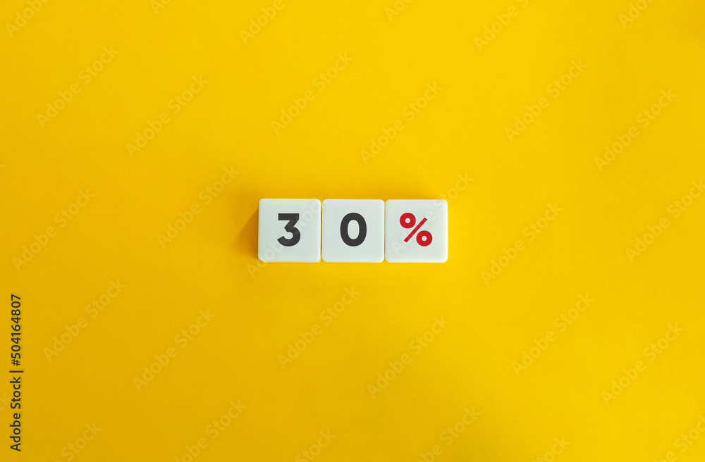 30% Banner. Letter Tiles on Yellow Background. Minimal Aesthetics. 30% Banner. Letter Tiles on Yellow Background. Minimal Aesthetics.