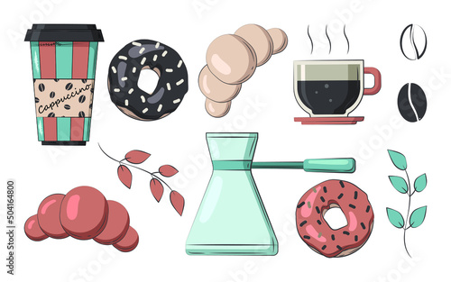Coffee, donuts and croissants. A set of vector illustrations on a coffee theme.