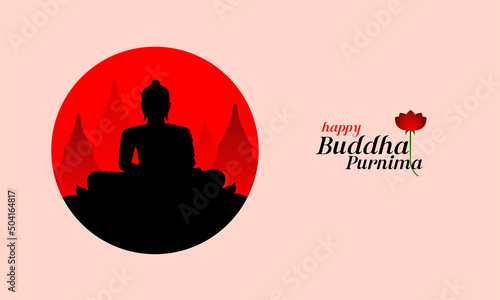 Happy Buddha Purnima, Vesak Day wishes greetings with a buddha vector silhouette. Can be used for posters, banners, greetings, and print design. 
