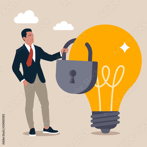 Сopyright reserved or product trademark that cannot copy concept, intellectual property, patented protection, businessman owner standing with light bulb idea locked with padlock for patents.