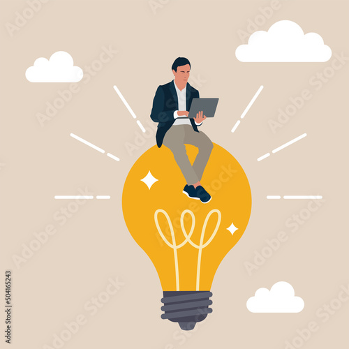 Creative idea to solve work problem, entrepreneur solution, success discover new innovation concept, smart businessman working with computer laptop on bright light bulb idea.