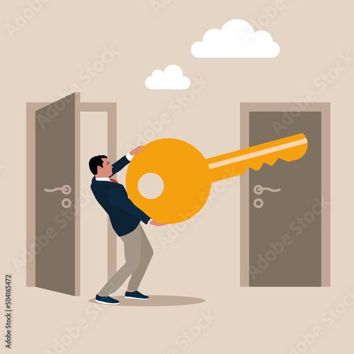 Businessman holding big key between an open door and a closed. Business and management. Way to success. Taking chances.