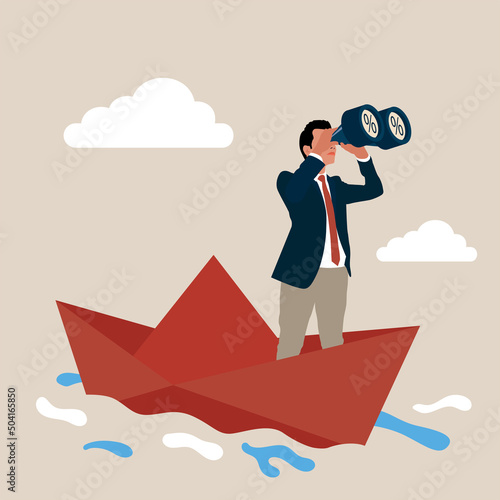 Lead business in crisis,  to achieve target, vision or forward strategy for success concept, businessman with binoculars lead  sailing origami ship