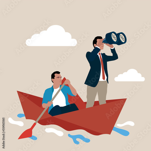 Lead business in crisis,  to achieve target, vision or forward strategy for success concept, businessman with binoculars lead  sailing origami ship