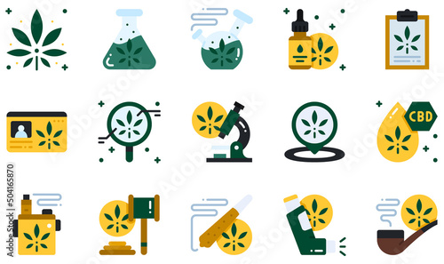 Set of Vector Icons Related to Cannabis . Contains such Icons as Cannabis, Bong, Cannabis Oil, Cbd Oil, Vape, Inhaler and more.