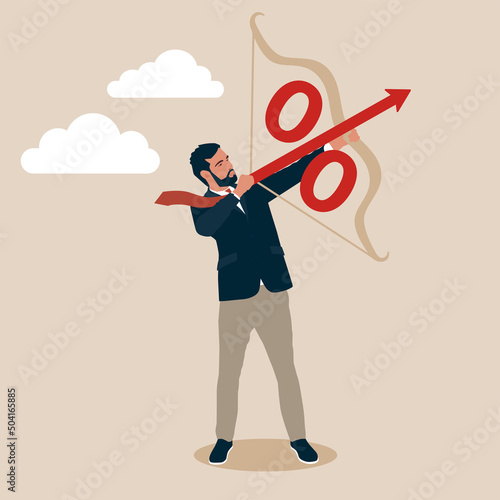 Interest rate hike due to inflation percentage rising up, or central bank monetary policy, economics or loan concept, businessman archery percentage arrow high up into the sky.