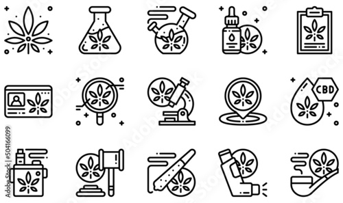 Set of Vector Icons Related to Cannabis . Contains such Icons as Cannabis, Bong, Cannabis Oil, Cbd Oil, Vape, Inhaler and more.