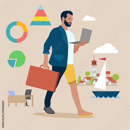 Employee choice to work remotely from resort or on site office for best productivity and result concept, businessman with hybrid cloth work both from resort and office.