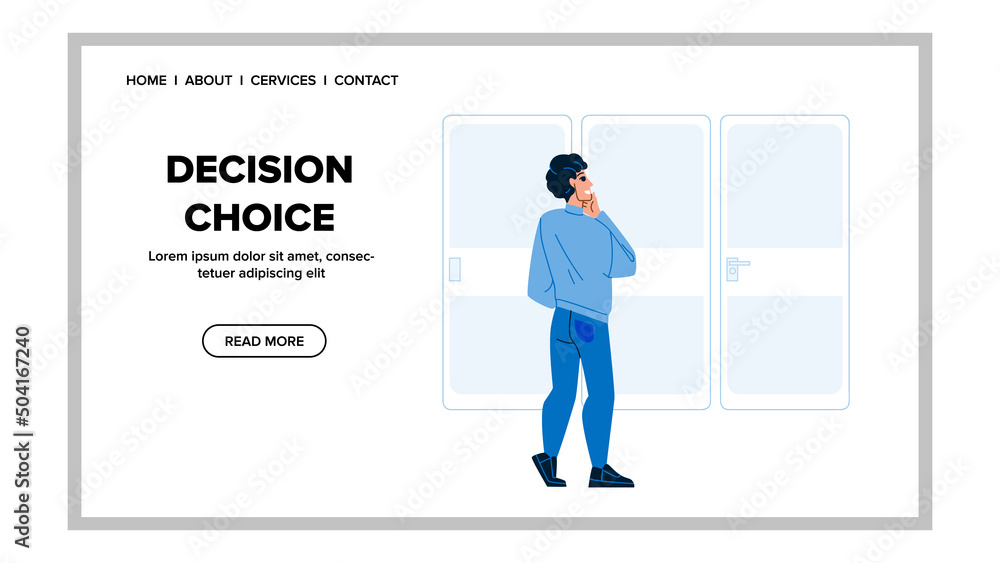 Decision Choice Making Young Man Thinker Vector. Decision Choice Make Businessman, Choosing Door Way And Direction. Character Brainstorming And Think For Choose Doorway Web Flat Cartoon Illustration Decision Choice Making Young Man Thinker Vector. Decision Choice Make Businessman, Choosing Door Way And Direction. Character Brainstorming And Think For Choose Doorway Web Flat Cartoon Illustration