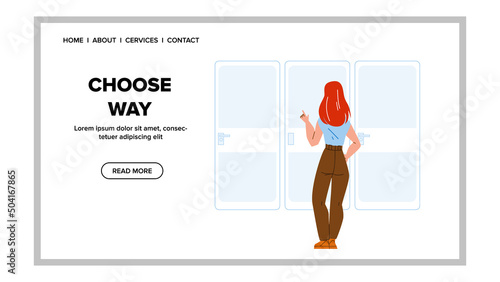 Choose Way Direction Young Woman Thinker Vector. Uncertainty Businesswoman Choose Way Door, Life Challenge And Decision. Character Lady Thinking And Choosing Option Web Flat Cartoon Illustration