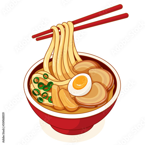 Japanese noodles ramen with chopsticks (miso ramen noodles) isolated illustration vector.
