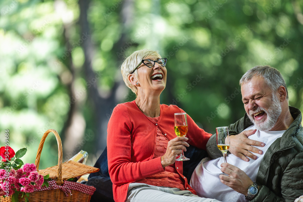 Fototapeta premium Happy senior couple having a picnic in park, making a toast.