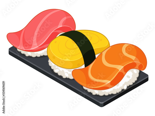 Japanese nigiri sushi on black platter boards (Sushi rice) illustration vector. (salmon, mackerel, and sweet egg)