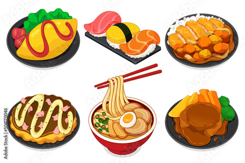 Traditional japanese meal set. (Omelet, Sushi, Katsu curry rice, Okonomiyaki, Miso ramen and Hamburg)
Japanese food menu collection illustration vector.