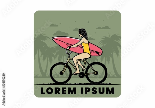 illustration of a woman going surfing on a bicycle