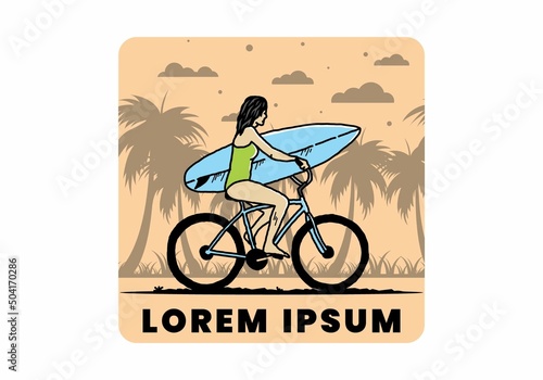 illustration of a woman going surfing on a bicycle