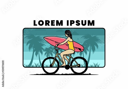 illustration of a woman going surfing on a bicycle