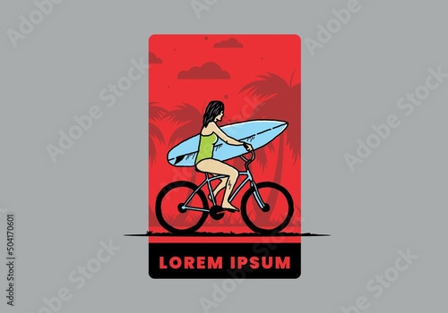 illustration of a woman going surfing on a bicycle