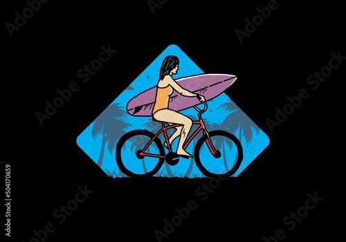 illustration of a woman going surfing on a bicycle