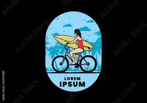 illustration of a woman going surfing on a bicycle