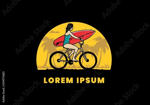illustration of a woman going surfing on a bicycle