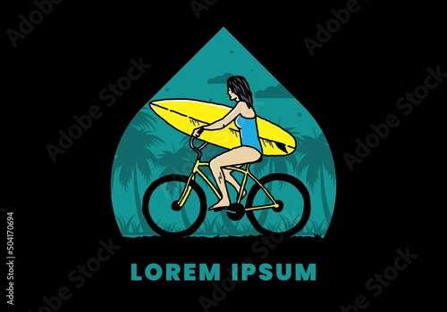 illustration of a woman going surfing on a bicycle