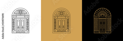 Set of three stylish Georgian doors. Vector emblems for design. Outline elements, logo, signmark, sign.