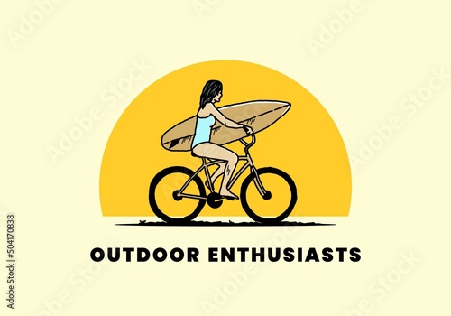 illustration of a woman going surfing on a bicycle